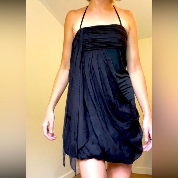 Alice + Olivia Black Silk Halter Mini Dress Y2K Asymmetrical Size Small LBD - Picture 1 of 10